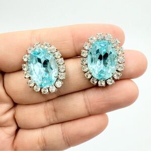Vintage Blue Glass Cabochon Rhinestones Earrings
